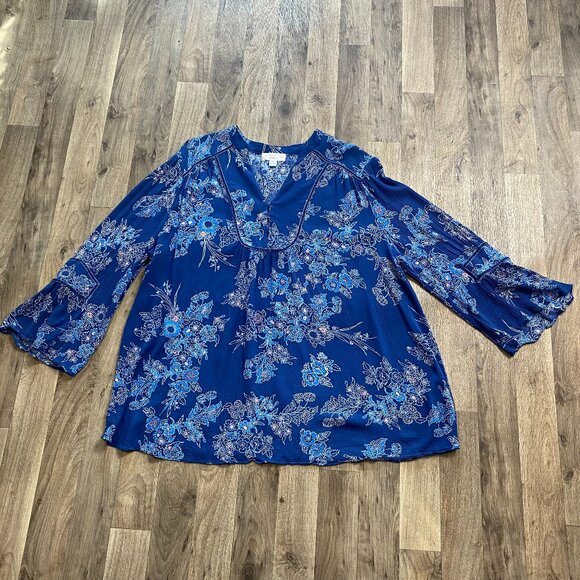 JohnPaulRichard Woman Blue Floral Peasant Blouse Long Sleeve Size 1X - Picture 1 of 6
